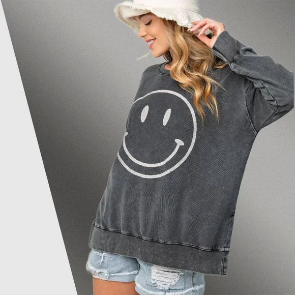 EASEL "All Smiles"  Mineral Washed 100% Soft Cotton Terry Knit Tunic Side Slits - Picture 5 of 11
